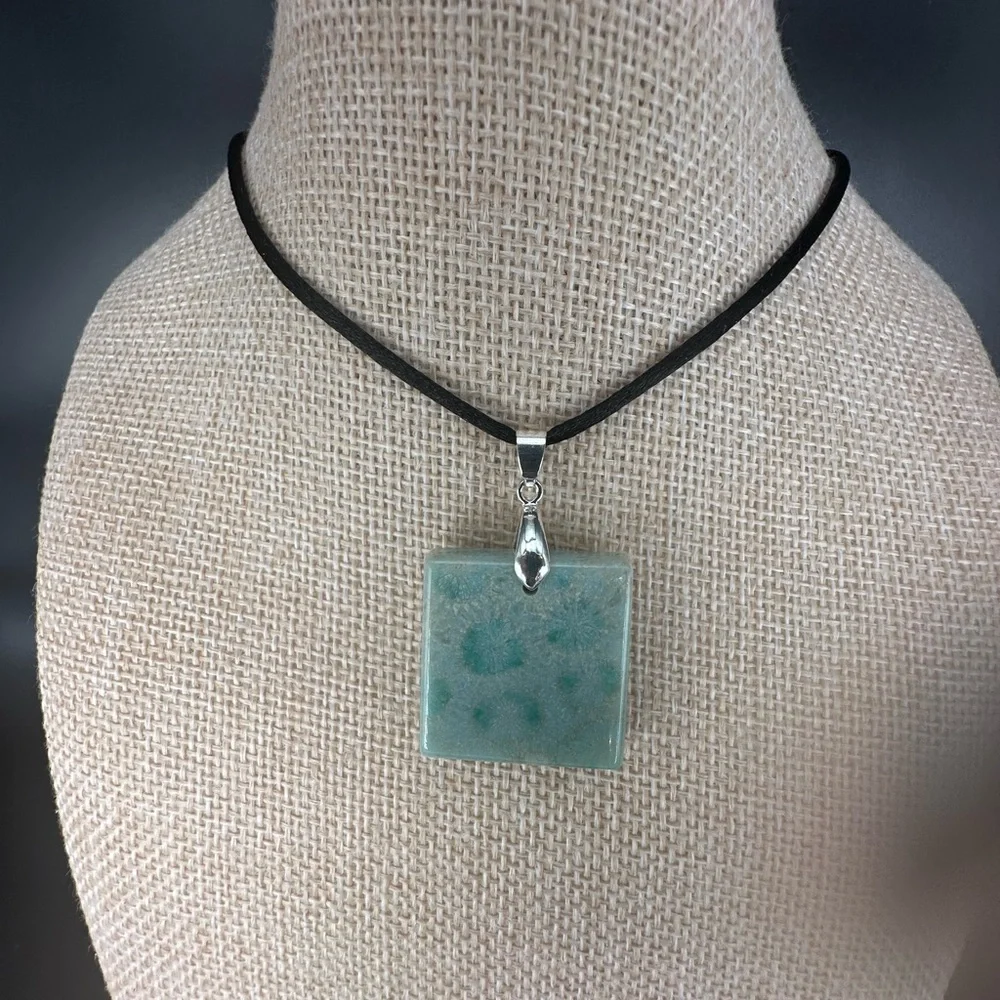 Light Green Coral Fossil Pendant Necklace on Black Satin Rope - Picture 6 of 15